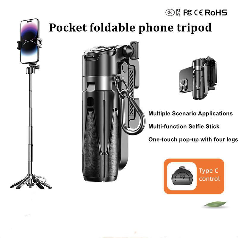 【Official Genuine】P15 Mini Selfie Stick Tripod, One-Click Pop-Up 4-Leg Stable Phone Stand, Wireless Remote Control Portable Selfie Holder Compatible with Fill Light for Travel Vlog Live Streaming