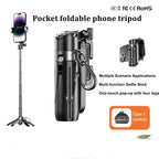 【Official Genuine】P15 Mini Selfie Stick Tripod, One-Click Pop-Up 4-Leg Stable Phone Stand, Wireless Remote Control Portable Selfie Holder Compatible with Fill Light for Travel Vlog Live Streaming