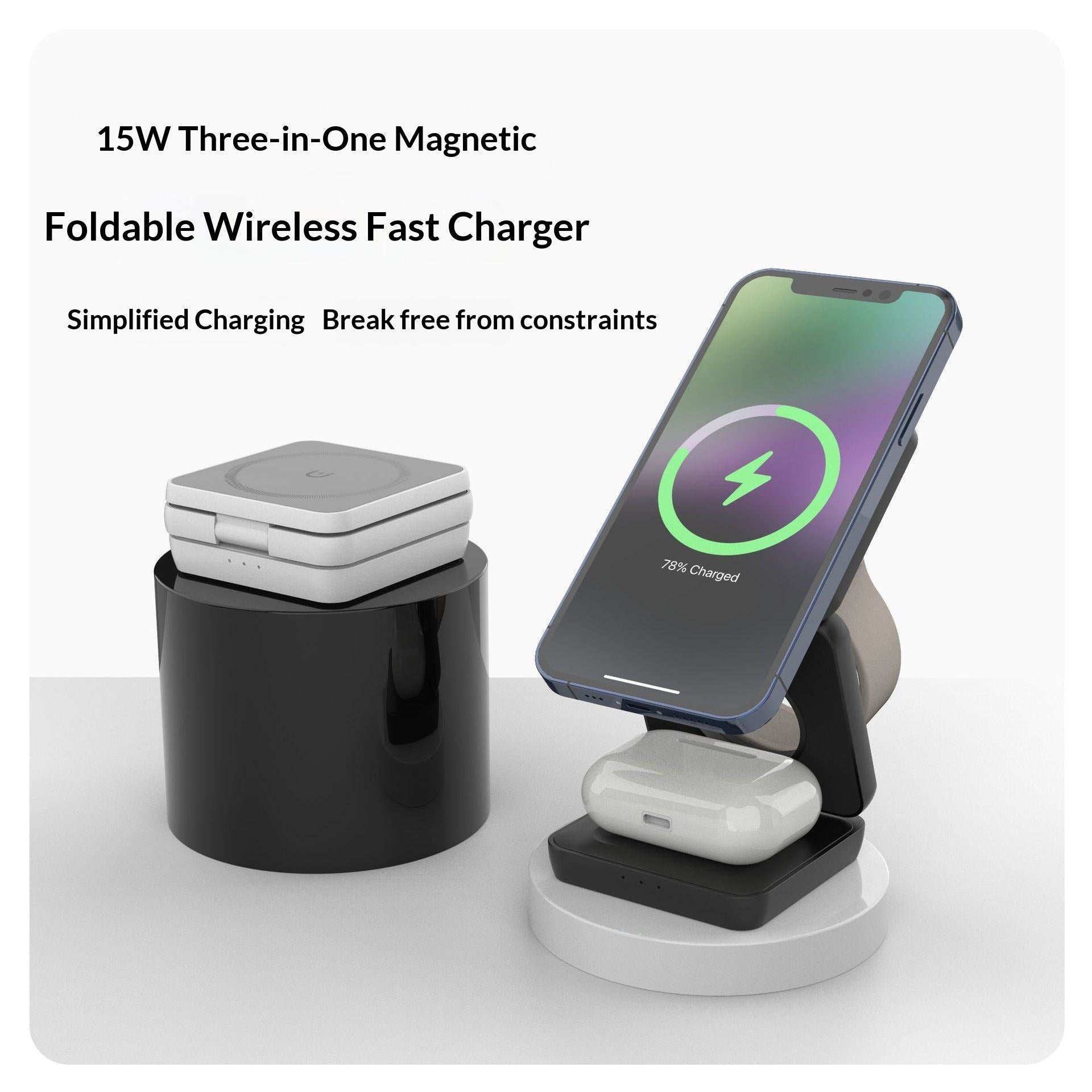 15W High Capacity Fast Charging Foldable 3-in-1 Magnetic Portable Waterproof Wireless Charger Holder