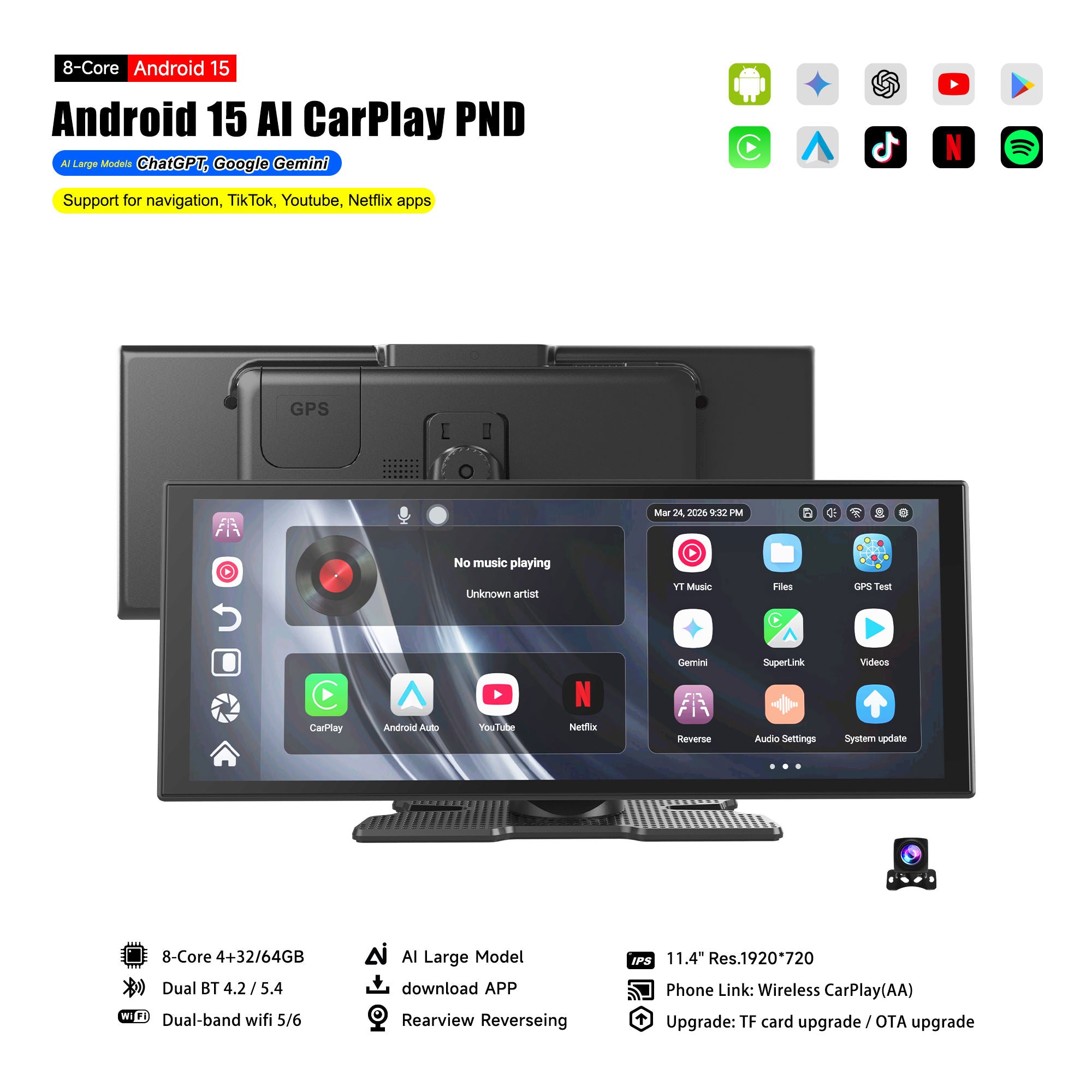 Limited-Time Offer🔥11.4" Portable Touch Screen Car GPS Navigator, 4K Ultra HD LCD Car Display, Wireless CarPlay & Android Auto, Worldwide Map Support, USB Plug and Play Car Entertainment System with 1 Year Warranty