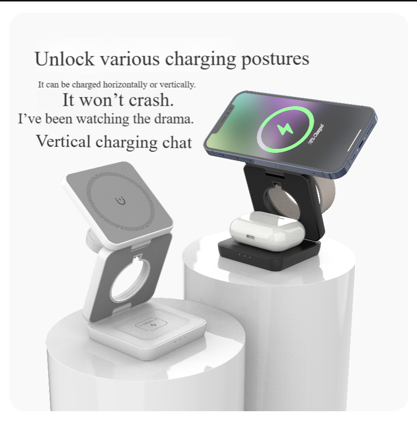 15W High Capacity Fast Charging Foldable 3-in-1 Magnetic Portable Waterproof Wireless Charger Holder