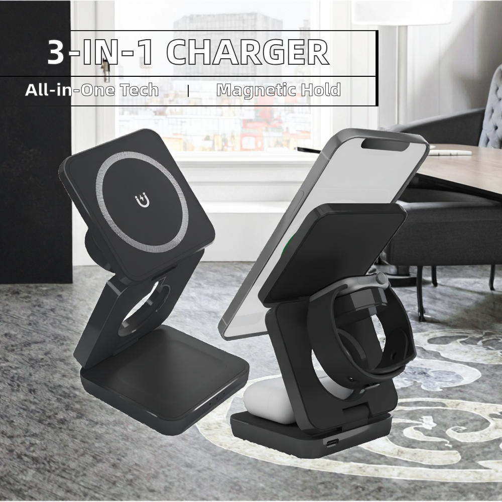 15W High Capacity Fast Charging Foldable 3-in-1 Magnetic Portable Waterproof Wireless Charger Holder