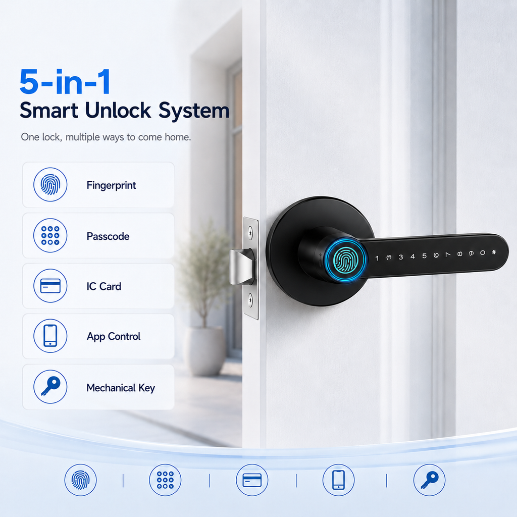 ⚡50% off⚡3 sets Smart Lock, Biometric Fingerprint & Key Card Electronic Security Lock, Anti-Theft Smart Handle Lever Lock, Bluetooth APP Remote Control Keyless Entry Lock for Home Apartment Office Rental