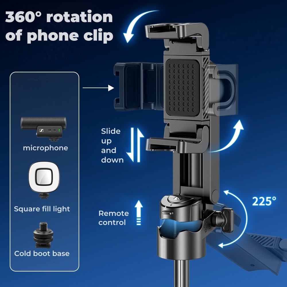 【Official Genuine】P15 Mini Selfie Stick Tripod, One-Click Pop-Up 4-Leg Stable Phone Stand, Wireless Remote Control Portable Selfie Holder Compatible with Fill Light for Travel Vlog Live Streaming