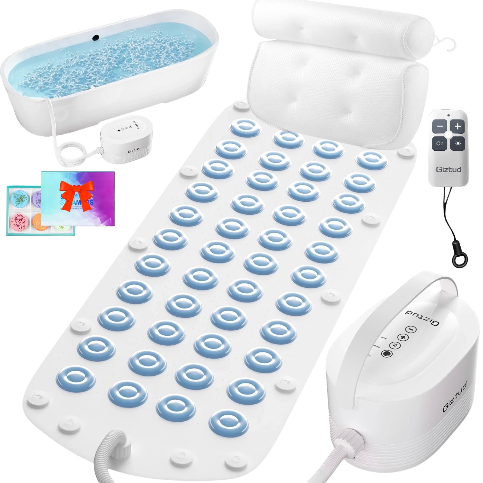 Bubble Bath Mat for Bathtub, Tub Spa Massager | Washable Soft Pillow & 6-Speed Motorized Air Pump, Warm Bubbles, Remote Control, Non-Slip Whirlpool Bathtub Spa Mat