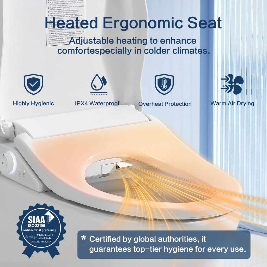 Smart Bidet Toilet Seat with Remote, Suitable for most round toilets,Adjustable Heated Seat&Air Dryer, Endless Instant Warm Water, Multiple Spray Modes, Stainless Steel Nozzle, Soft Close, Deodorizer, 3D Curved