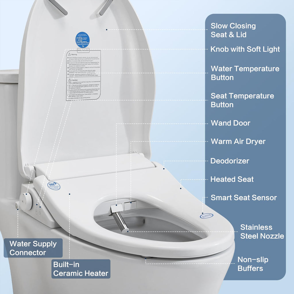 Smart Bidet Toilet Seat with Remote, Suitable for most round toilets,Adjustable Heated Seat&Air Dryer, Endless Instant Warm Water, Multiple Spray Modes, Stainless Steel Nozzle, Soft Close, Deodorizer, 3D Curved
