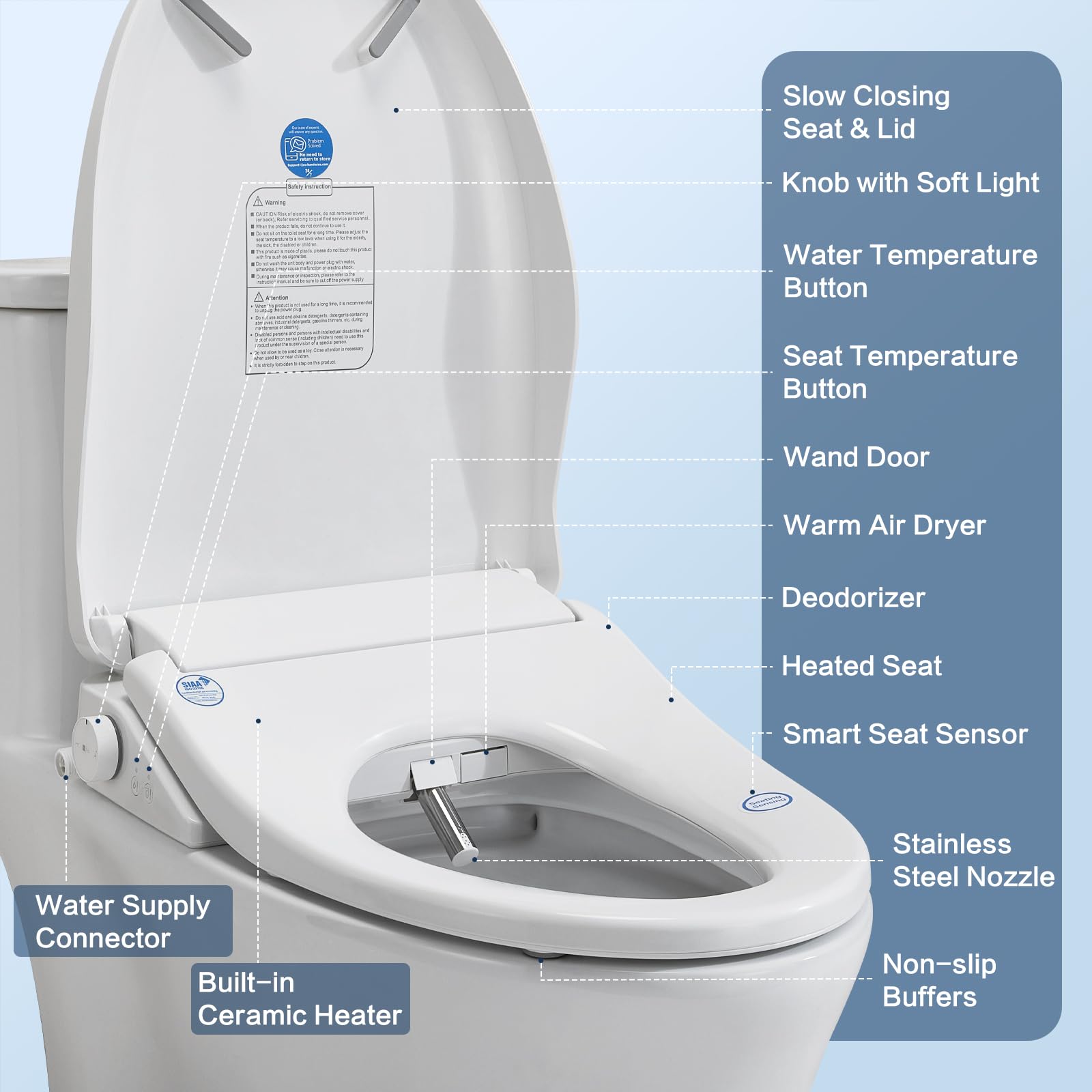 Smart Bidet Toilet Seat with Remote, Suitable for most round toilets,Adjustable Heated Seat&Air Dryer, Endless Instant Warm Water, Multiple Spray Modes, Stainless Steel Nozzle, Soft Close, Deodorizer, 3D Curved