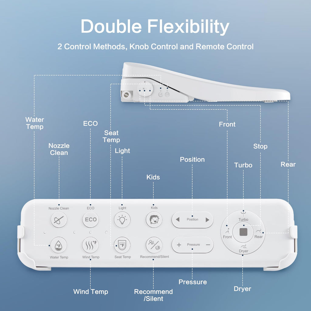 Smart Bidet Toilet Seat with Remote, Suitable for most round toilets,Adjustable Heated Seat&Air Dryer, Endless Instant Warm Water, Multiple Spray Modes, Stainless Steel Nozzle, Soft Close, Deodorizer, 3D Curved
